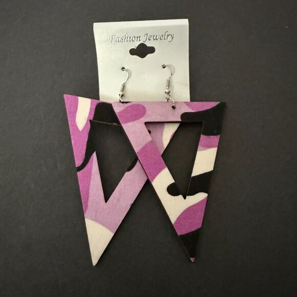 NOC Geometric Purple Camouflage Triangle Wooden Fabric Drop Earrings Lightweight - Picture 1 of 4